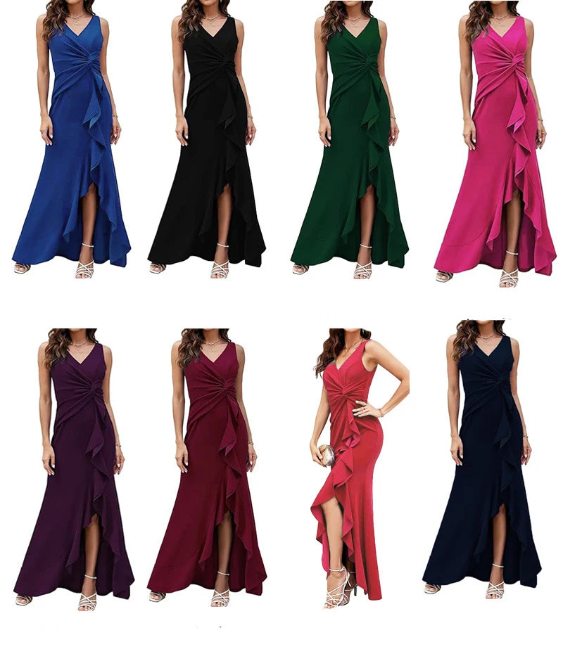 Elegant V-Neck Party Maxi Dress Women Fashion Sleeveless Ruffle Split Gown Prom Dress Ladies Slim Fit Tie Up Bodycon Gala Dress