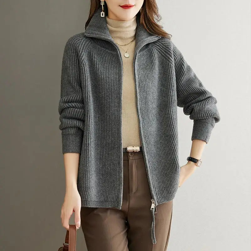 Autumn Winter New Solid Color Turn-down Collar Long Sleeve Sweater Women High Street Zipper Patchwork Cardigan Elegant Tops