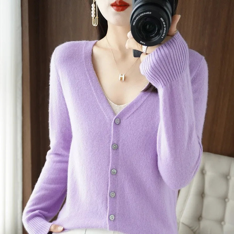 JIAYAN 2025 Spring New Cardigans Women's Clothing Korean Version Tops Solid Color Fashion V-neck Knitted Sweater