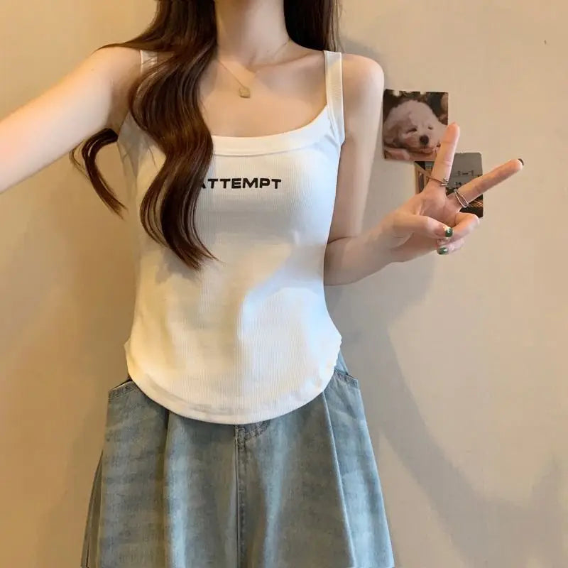 Fashion O-Neck Solid Color Embroidery Letter Camisole T-Shirt Female Clothing 2024 Summer New Loose Korean Tops Casual Tee Shirt