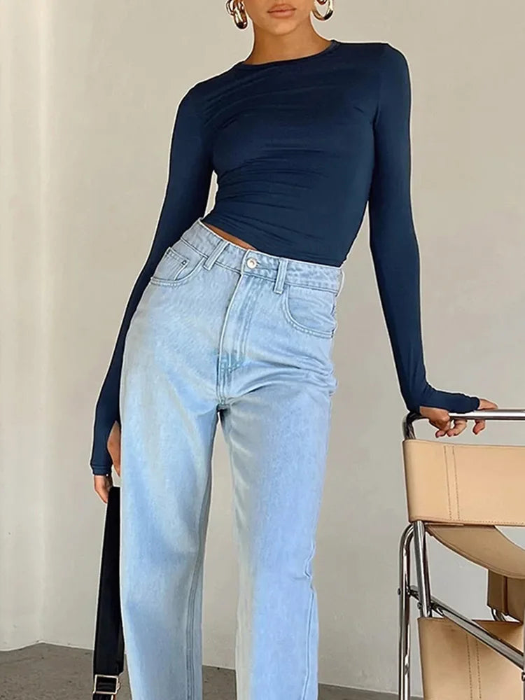 Fashion Women T-shirt Long Sleeve Crew Neck Solid Slim Fit Ladies Crop Top with Thumb Holes for Daily Streetwear Summer Camis