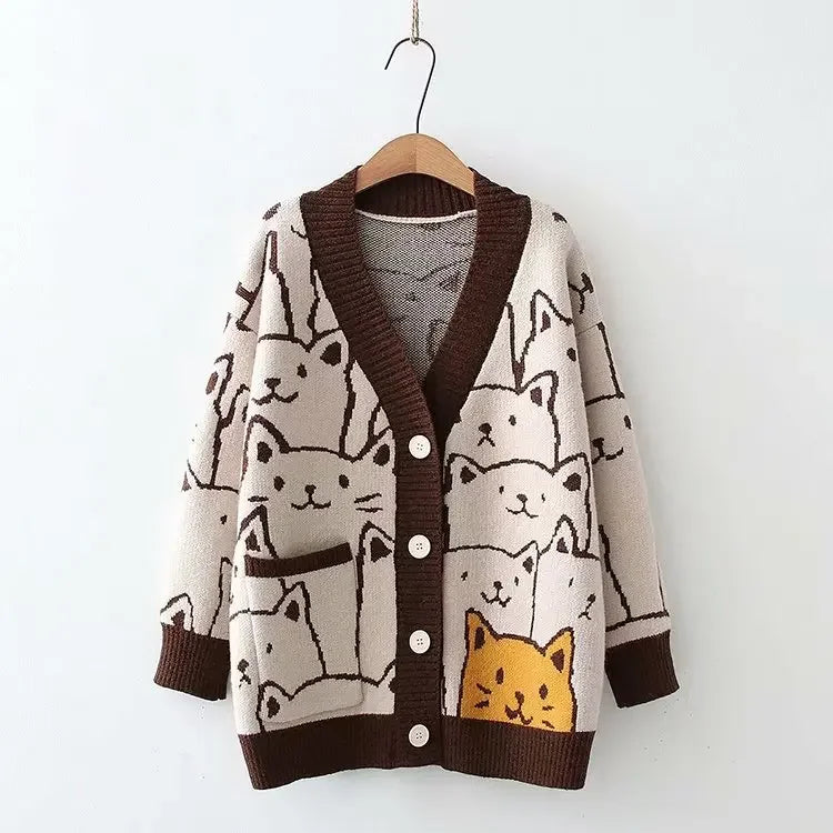 Merry Pretty Cartoon Cat knitted cardigans Jumper Autumn Winter Womens Harajuku Sweater coat O-Neck Long Sleeve cardigan 2024