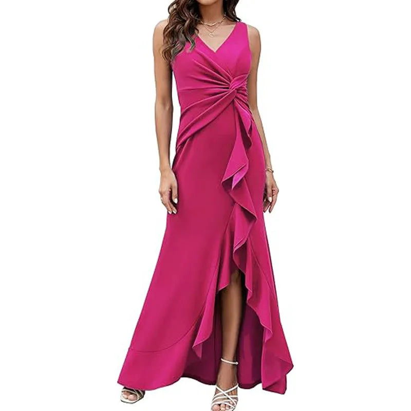 Elegant V-Neck Party Maxi Dress Women Fashion Sleeveless Ruffle Split Gown Prom Dress Ladies Slim Fit Tie Up Bodycon Gala Dress