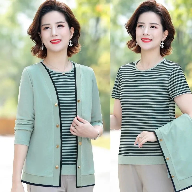 Middle-Aged Women's Cardigans 2PCS Spring Autumn Knitted Sweater New Two-Piece Set Fashion Stripe Pullover T-Shirts Mother Suits