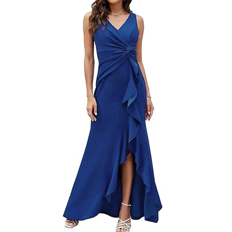 Elegant V-Neck Party Maxi Dress Women Fashion Sleeveless Ruffle Split Gown Prom Dress Ladies Slim Fit Tie Up Bodycon Gala Dress