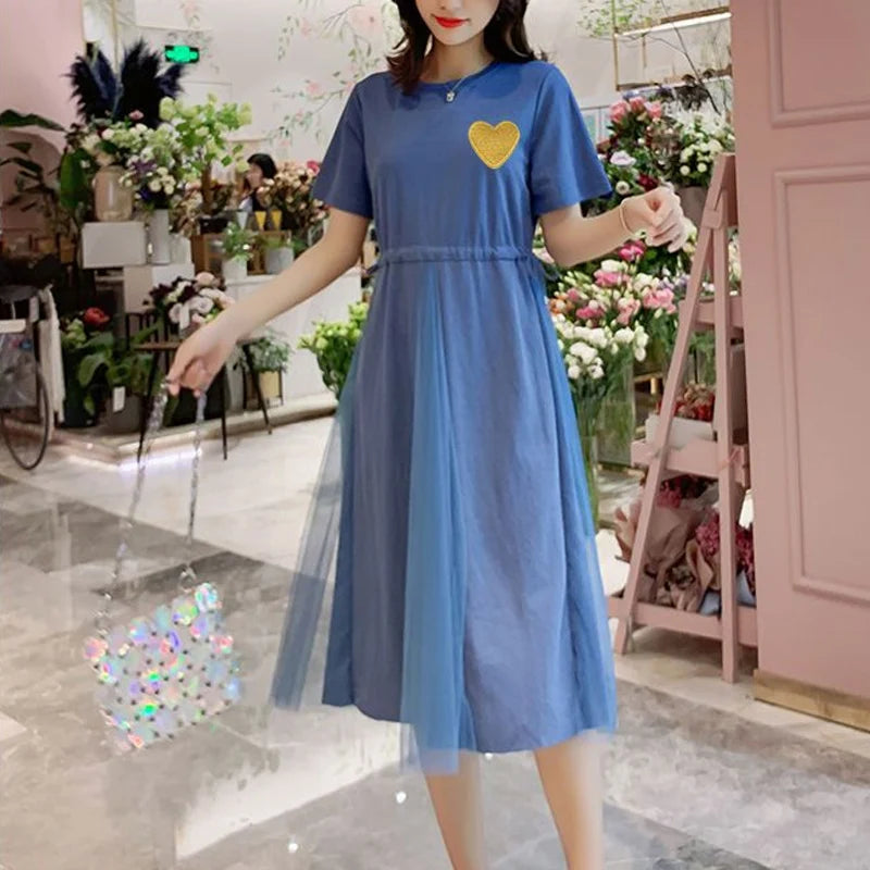 Summer Round Neck Fashion Short Sleeve Midi Dress Women High Street Casual Printing Vestidos Lace Patchwork Drawstring Dresses