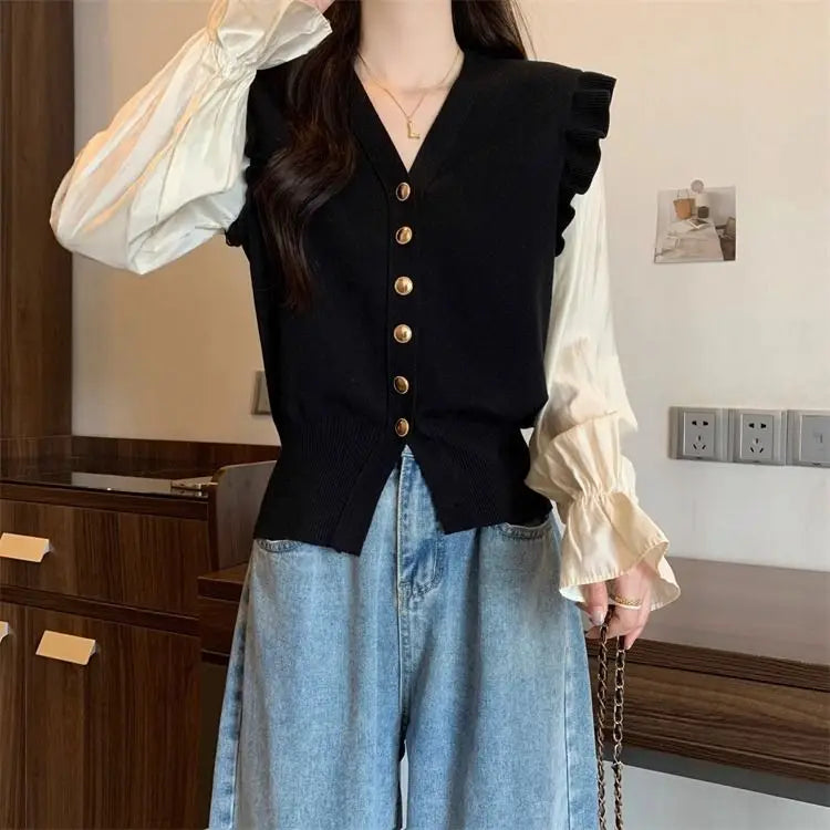 Top Women's Ruffled V-neck Knitted Sweater Retro Chiffon Sleeve Patchwork Bubble Sleeve Fake Two-piece Long Sleeved Cardigan