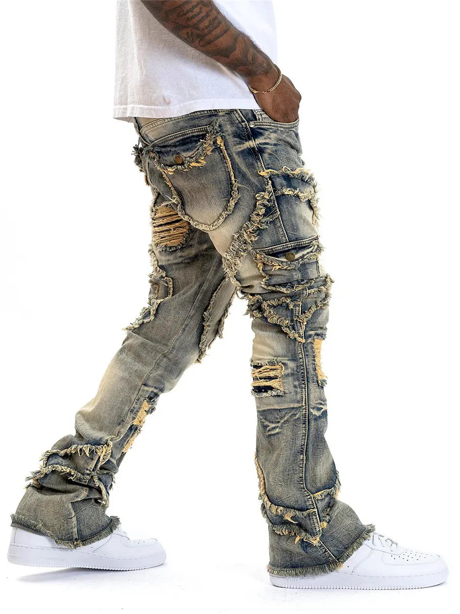 Men's Spring Autumn Casual Denim Pants Ripped Multi Pockets Slim Fit Jeans Trousers for Streetwear Punk Trendy Fashion Retro