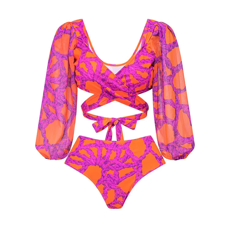 Sexy One Piece Women Long Sleeve Swimwear with Skirt Hollow Out Swimsuit Ruffle Bikinis Luxury Monokini Beach Wear Bathing Suit