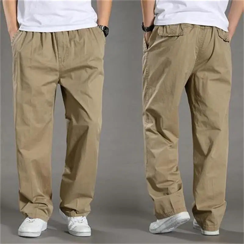 Big Size Men Oversize Cotton Cargo Wide Pants Summer Elastic Waist Multi-pocket Streetwear Joggers Casual Baggy Sports Trousers