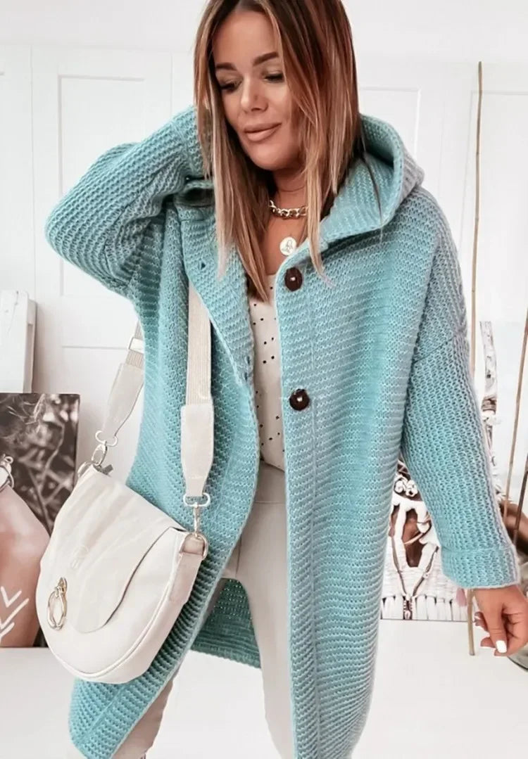 Solid Hooded Long Cardigan for Women Autumn Fashion Casual Loose Button Knitted Sweater Coat Daily Basic Cardigan New Outerwear