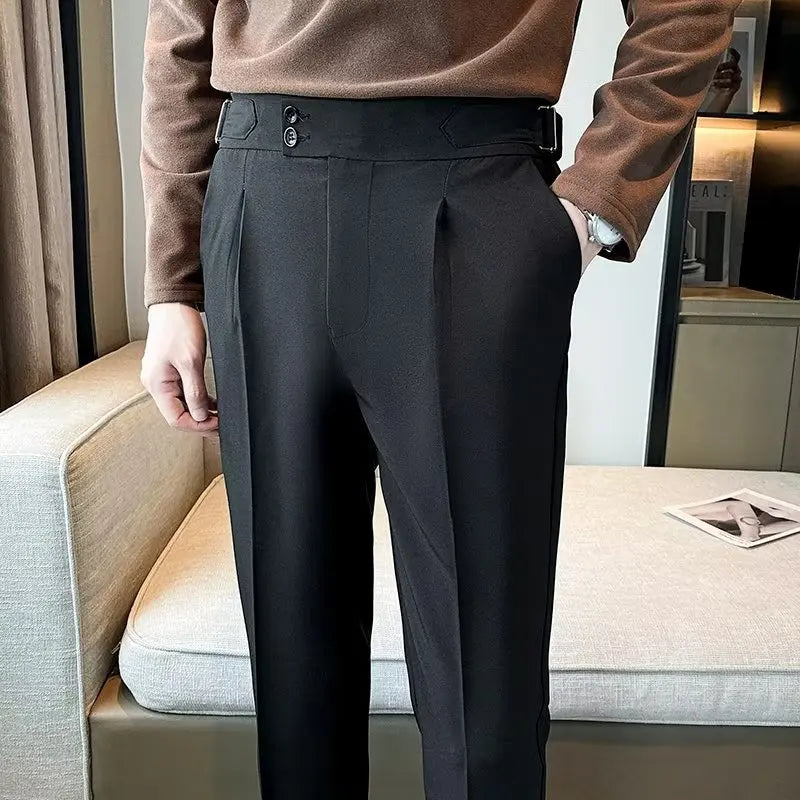 2023 New British Style Solid High Waist Draped Trousers Korea Men Formal Blazer Pants Slim Business Casual Suit Pants Hommes