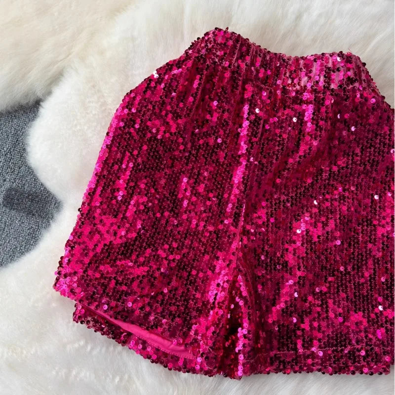 2024 Summer New Color Sequin Shorts Stamped Waist Slimming Fashionable All-Match Flesh Covering Trendy Anti-glare Short Skirt