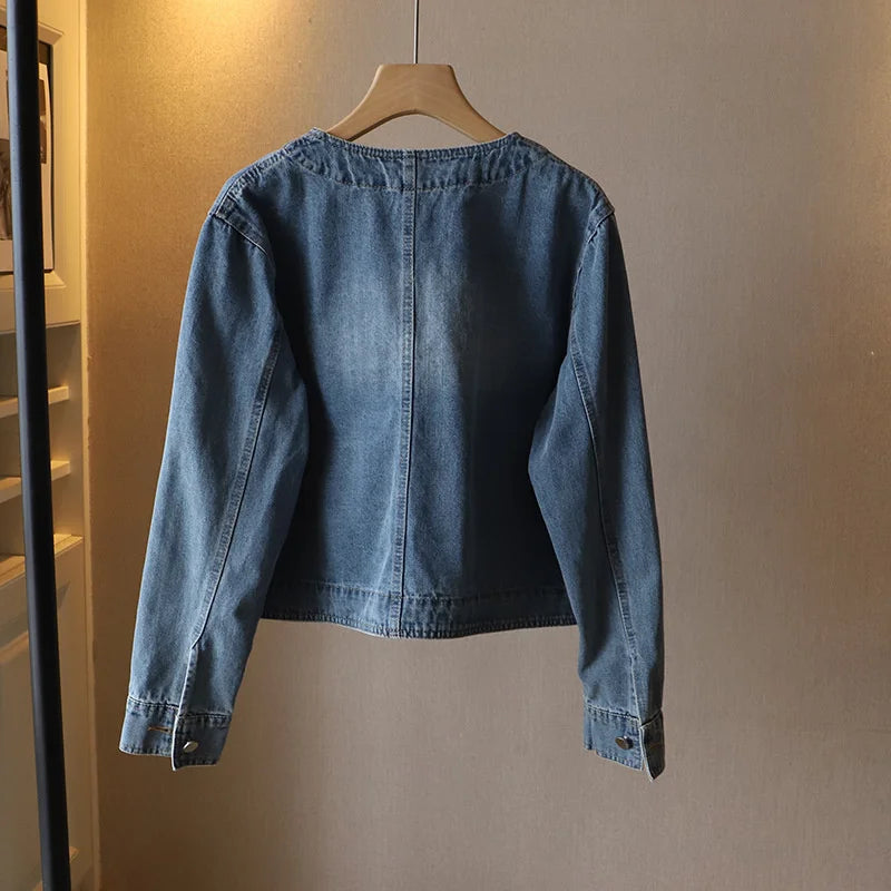 2023 Fashion O-neck Denim Jacket Women Short Coat Spring Autumn Single-breasted Pocket Loose Tops Female Casual Jean Outerwear