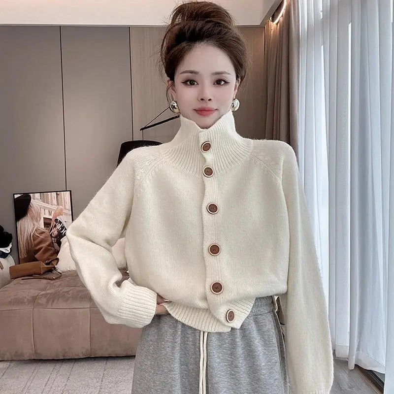 Korean Fashion Autumn Sweaters Coats Women Turtleneck Single Breasted Lazy Wind Casual Loose Long Sleeve Cardigan Knitted Tops