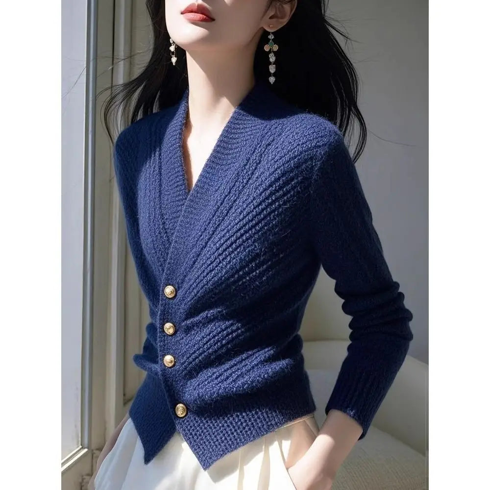 High-end Blue Knitted Sweater Unique Beautiful Cardigan Top for Women