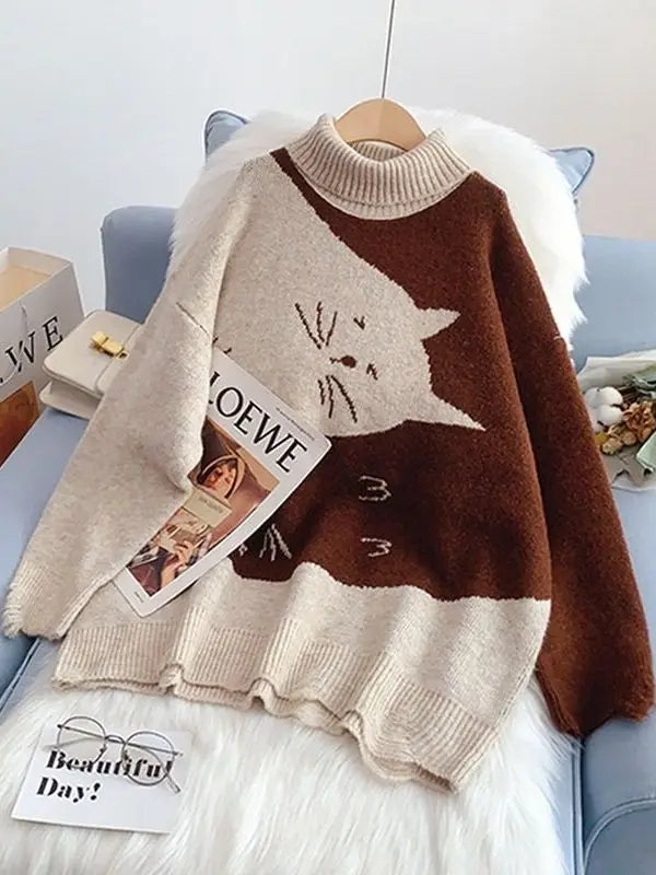 Women's Oversized Sweater Knitted Autumn Winter Turtleneck Cute Cat Print Knit Pullover Warm Sweaters for Women C-062