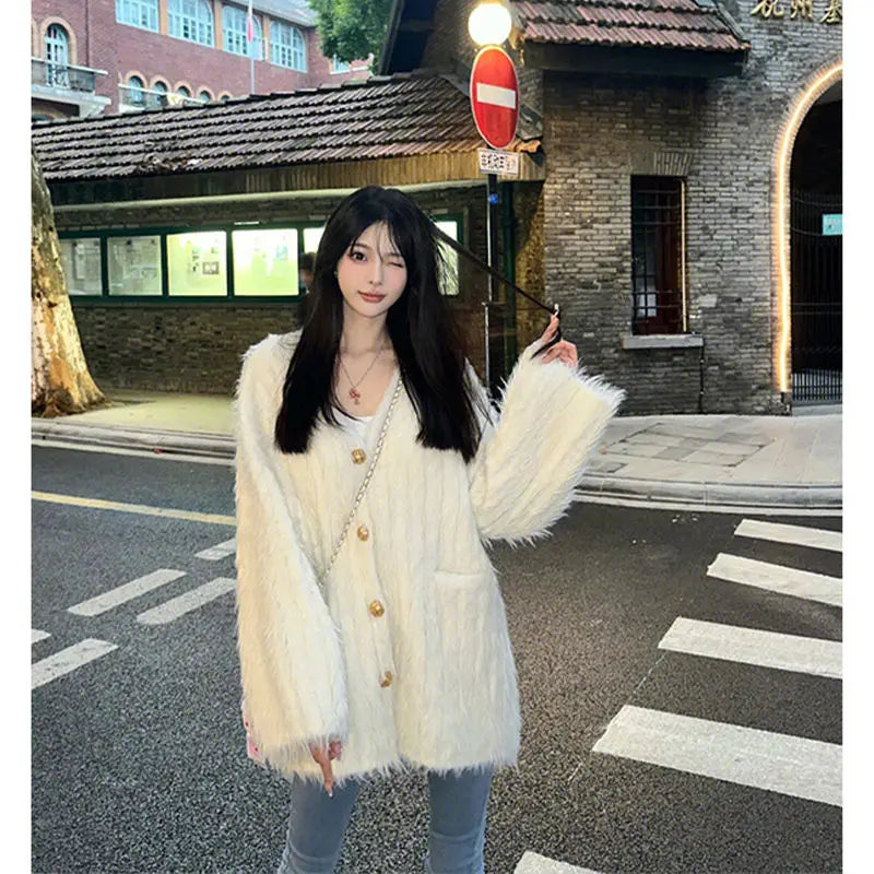 Korean Loose and Lazy Style Sweater Cardigan Jacket Women's New Plush Thick Knitted Top