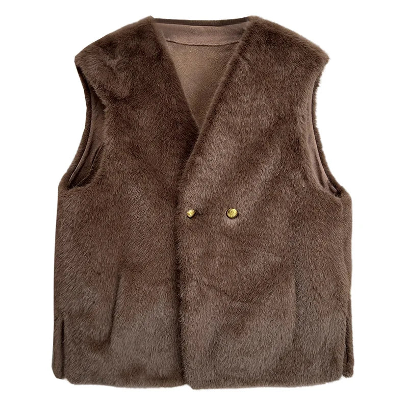 Plus Size Women Faux Fur Waistcoat Winter Loose Thick Sleeveless Vest Fashion Warm V-Neck Coat 1327