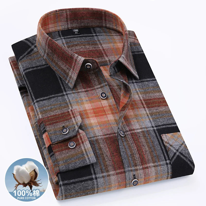 Size 11XL 10XL 9XL Fashion Flannel Plaid Shirts For Men‘s Long Sleeve Cotton Casual Blouse Soft Standard-Fit Shirt Male Clothing