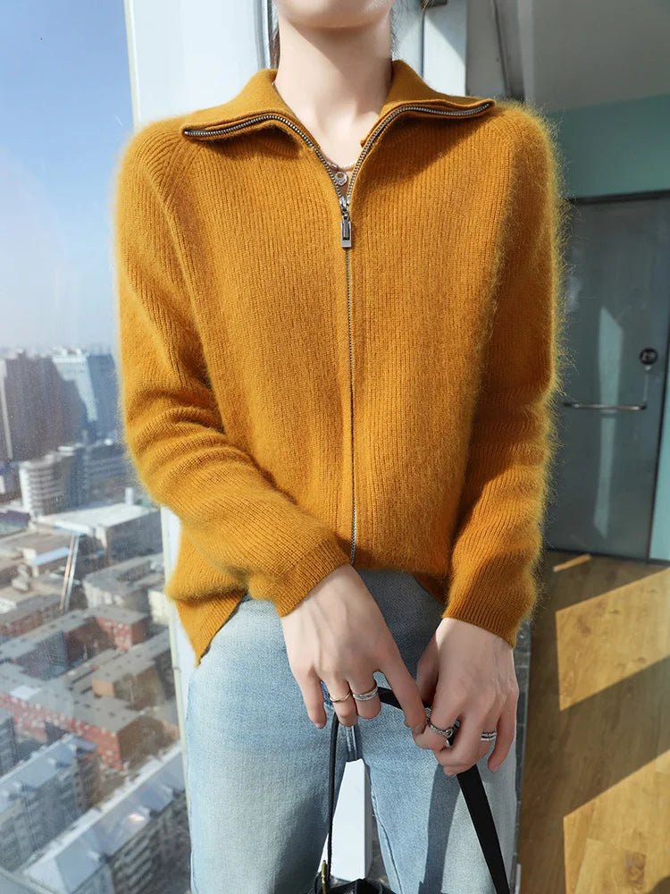 Women’s Zippers Cardigan 100% Mink Cashmere Sweater Thick Raglan Sleeve Knitwear Korean Style Autumn Winter Coat Clothing Tops