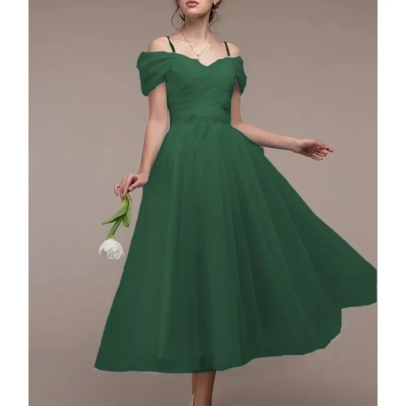 Women's Romantic Off Shoulder Ceremony Dresses Elegant Long Party Wedding Cocktail Bridesmaid Mesh Tulle Midi Wrap Gala Dress