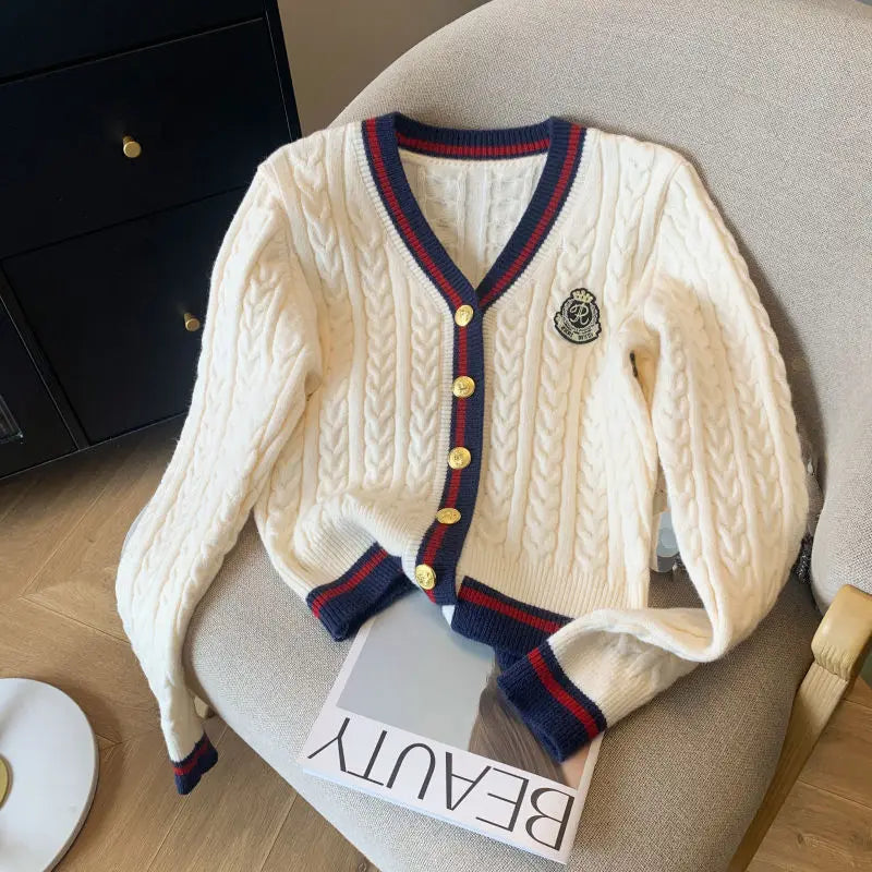 College Style V-neck Sweater Cardigan Women's Spring Autumn Retro Soft Waxy Lazy Style Short Fried Dough Twists Knitting Coat