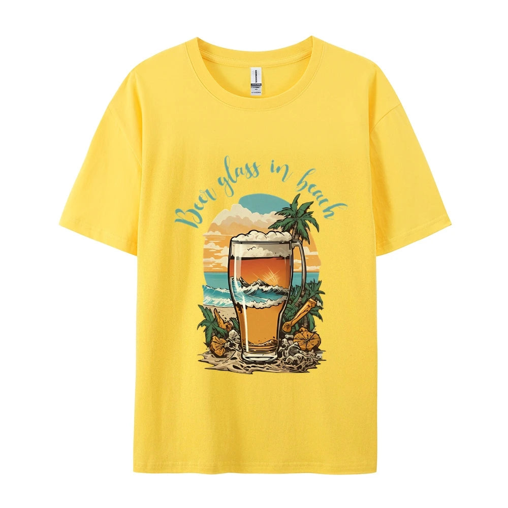 Beer Glass In Beach Women’s Graphic Tee Summer Vacation T-Shirt Beers Lover Shirt Oktoberfest Tshirts Women’s Clothes Top Tees