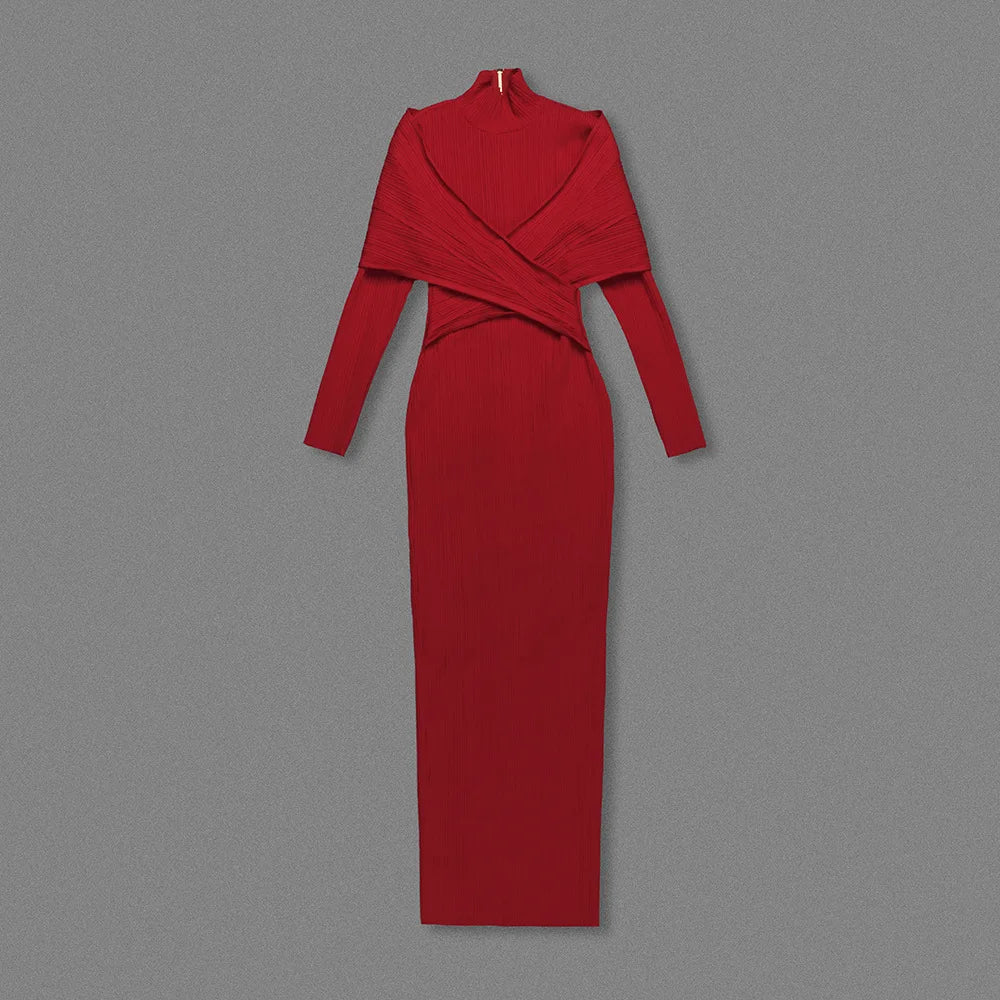 Women's Party Dresses Luxury 2024 Winter New Red Bandage Long Dress Turtle Neck Cross Design Knitted Slim Fit Evening Gown