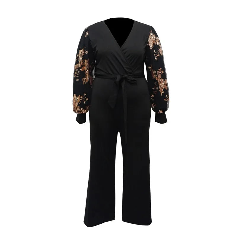 KEXU Plus Size Women Floral Puff Long Mesh Sleeve Wide Leg Straight Jumpsuits Summer Street Sexy Party Club Overall Playsuit