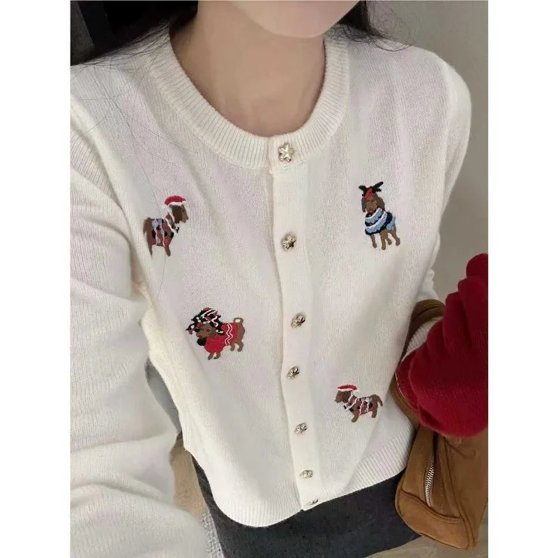 Women's Trendy Sweet Chic Cute Cartoon Embroidery Single Breasted Cardigan Spring Casual O Neck Long Sleeve Knitted Sweater Coat