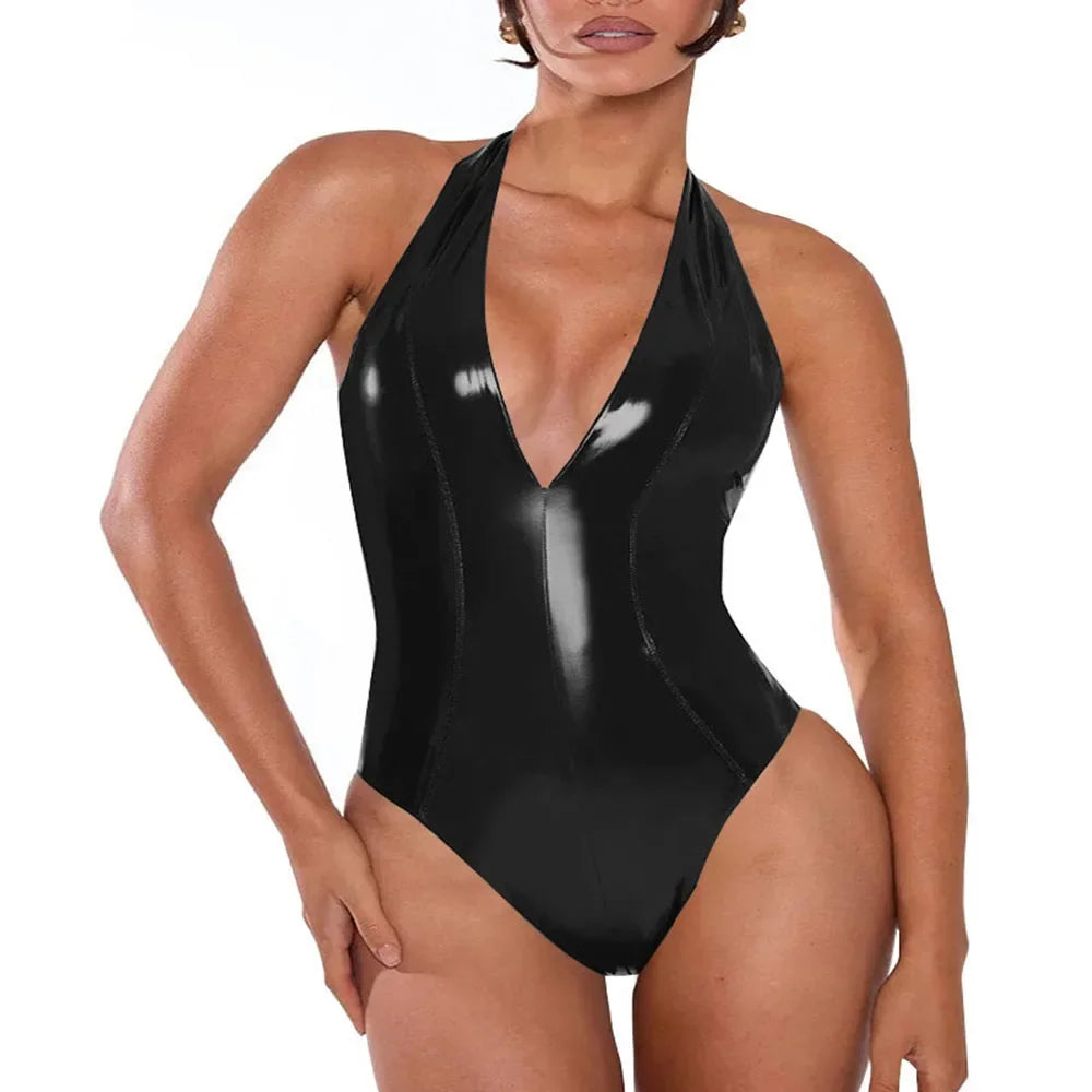 Plus Size Women Skintight Halter Bodysuits Sexy Plunging Neckline Backless Exotic Catsuit Shiny PVC Leather Latex Look Teddies