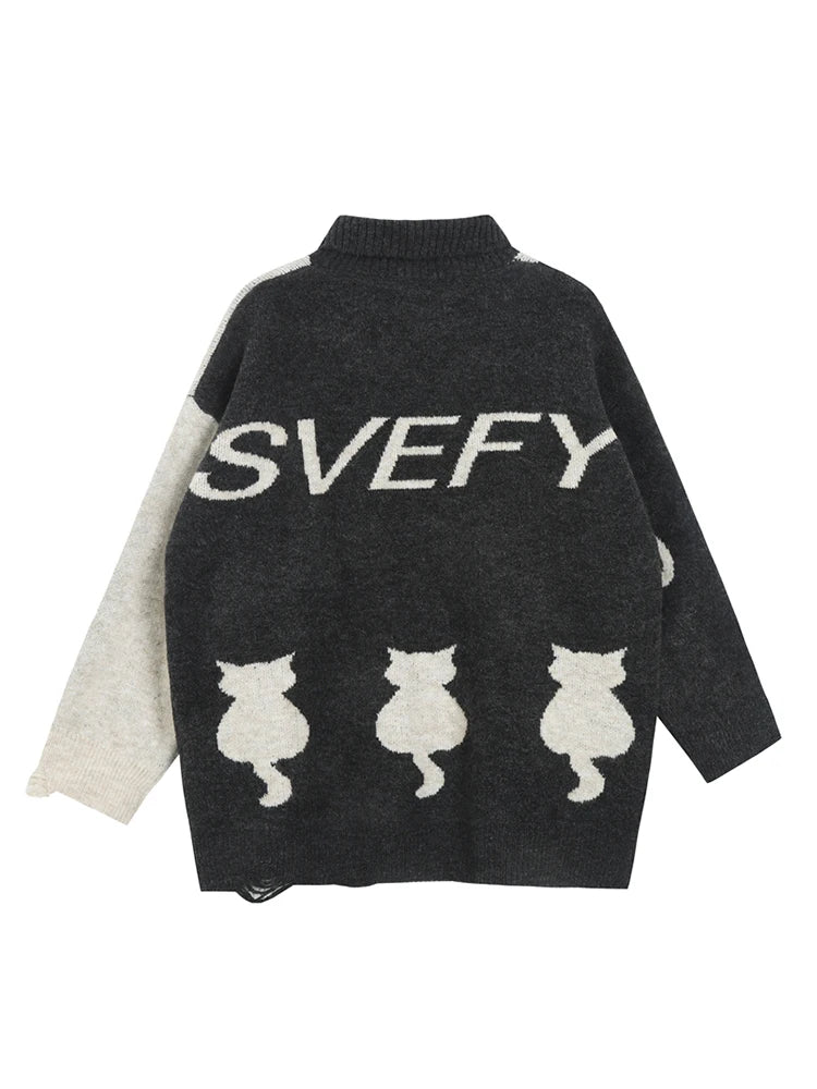 Women's Oversized Sweater Knitted Autumn Winter Turtleneck Cute Cat Print Knit Pullover Warm Sweaters for Women C-062