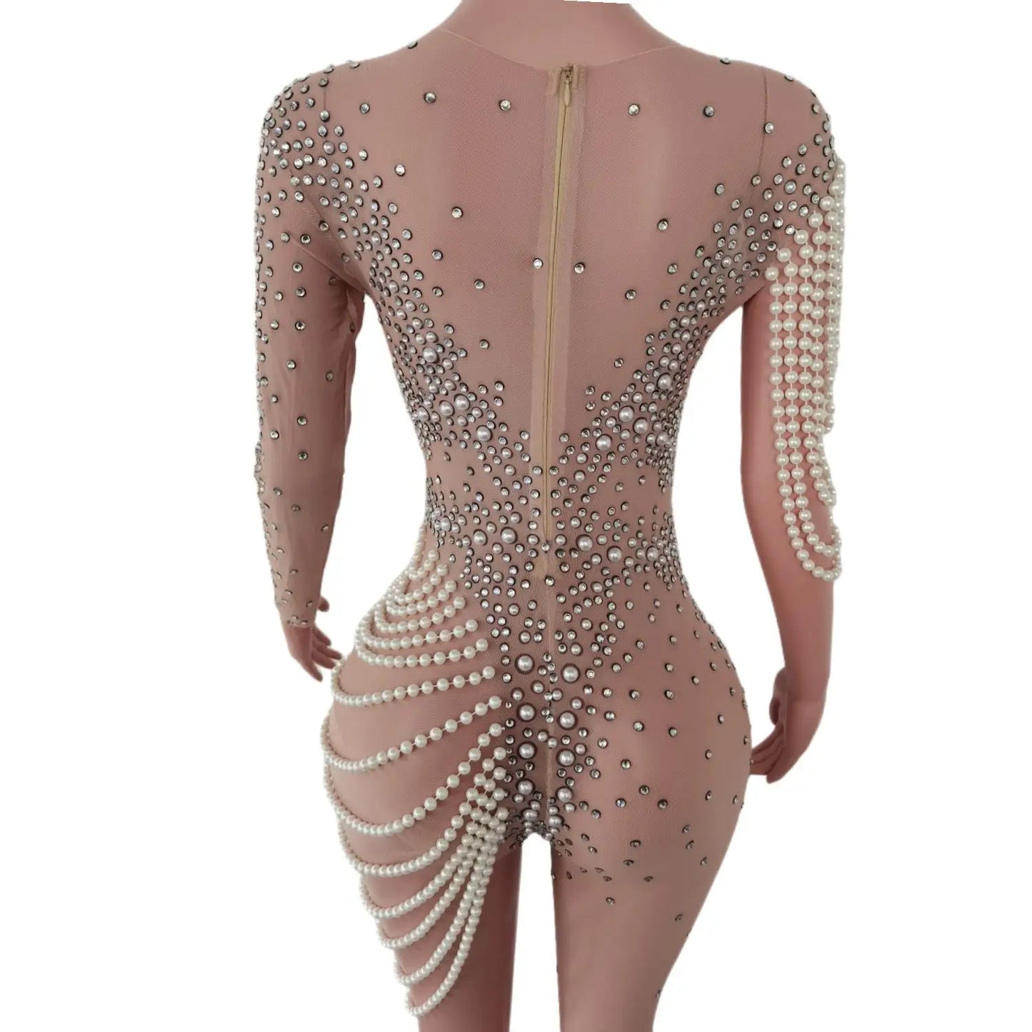 Party Rhinestones Fashion Acrobatics Costumes Pearls Nightclub Pole Dance Clothing Elastics Women Jumpsuit Nude Stretch Jumpsuit