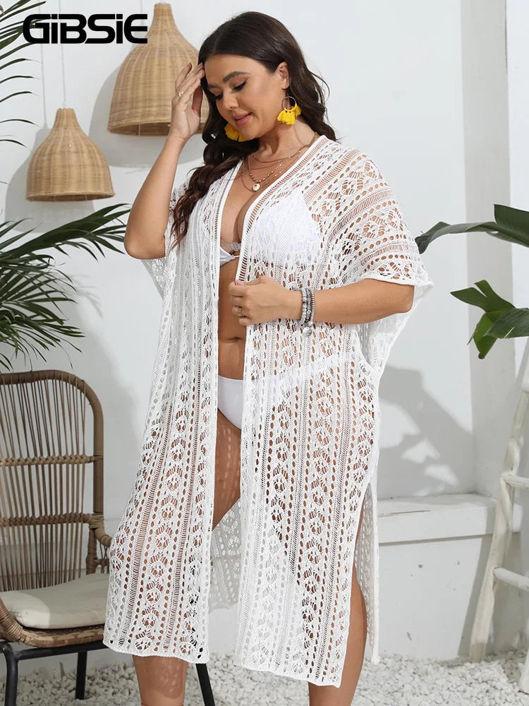 GIBSIE Plus Size White Kimono Bikini Cover Up For Women 2023 Holiday See Through Hollow Out Knitted Split Long Beach Cover-ups