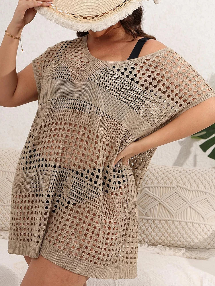 GIBSIE Plus Size Women Beach Dress Sexy Hollow Out Knit Bikini Cover Up Female Loose Tunic Beachwear Swimwear Cover-ups