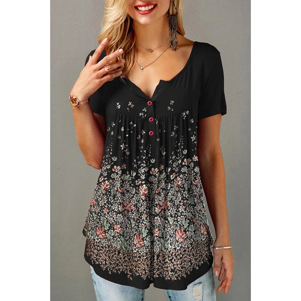 Plus Size Summer Short Sleeve Black Floral Print Button Detail Blouse