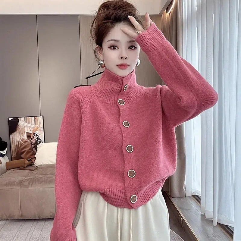 Korean Fashion Autumn Sweaters Coats Women Turtleneck Single Breasted Lazy Wind Casual Loose Long Sleeve Cardigan Knitted Tops