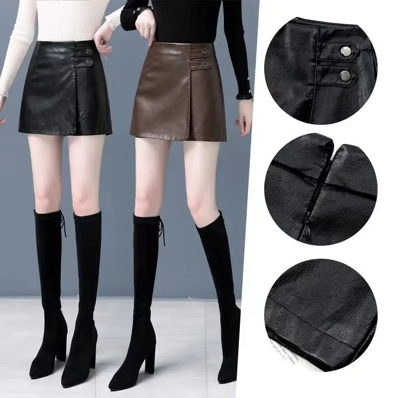 Fashion All-match Solid Color Shorts Patchwork Skirt Women's Clothing Autumn Casual Commute High Waist Leather Skirts for Female