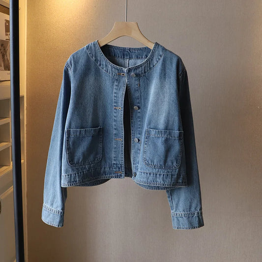 2023 Fashion O-neck Denim Jacket Women Short Coat Spring Autumn Single-breasted Pocket Loose Tops Female Casual Jean Outerwear