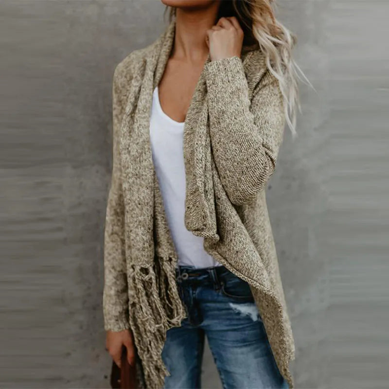 Women's Warm Knitted Sweater, Winter Cardigan Long Sleeve Tassel Fringe Shawl Poncho Oversized Cardigan