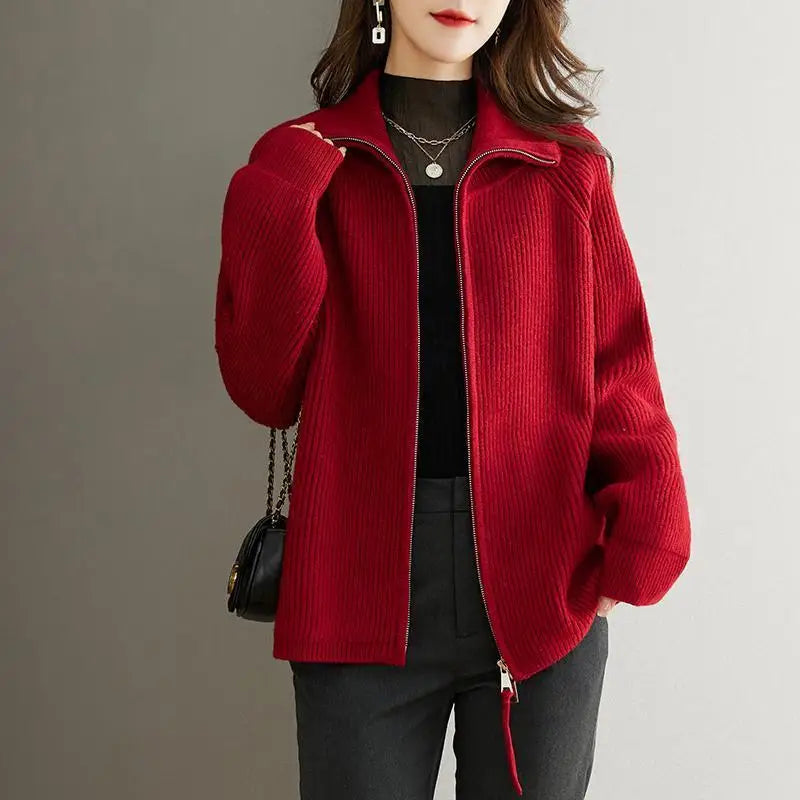 Autumn Winter New Solid Color Turn-down Collar Long Sleeve Sweater Women High Street Zipper Patchwork Cardigan Elegant Tops