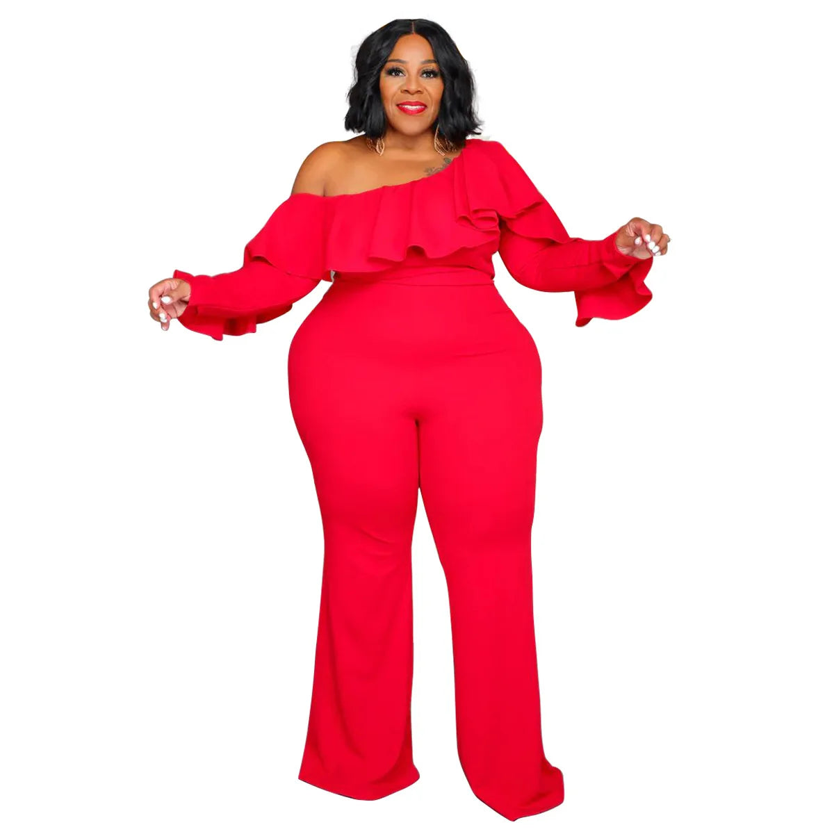 Plus Size Women Jumpsuit One Shoulder Long Sleeves Rufflea Wide Leg Pants Party Rompers 4XL 5XL Autumn Winter