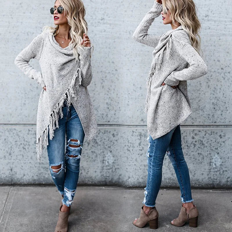 Women's Warm Knitted Sweater, Winter Cardigan Long Sleeve Tassel Fringe Shawl Poncho Oversized Cardigan