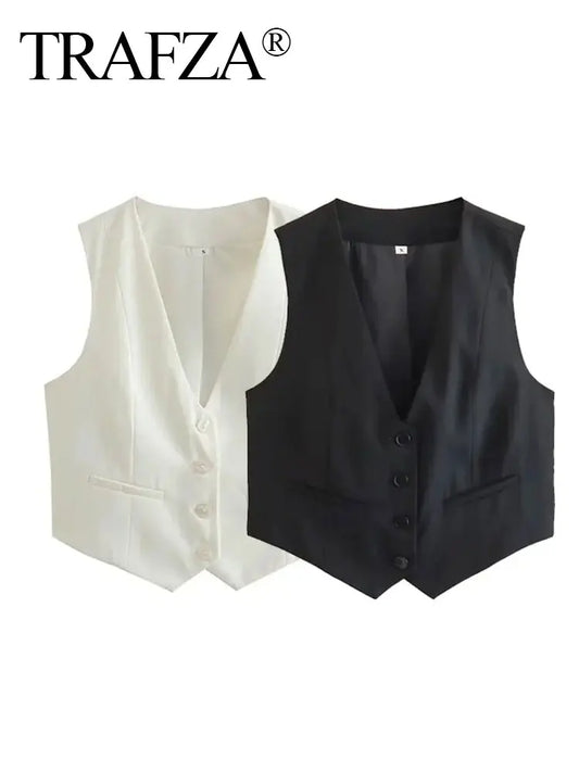 TRAFZA Women Cropped Waistcoat Elegant Solid Single Breasted V Neck Vest Spring Casual Woman Fashion Outerwear Waistcoats