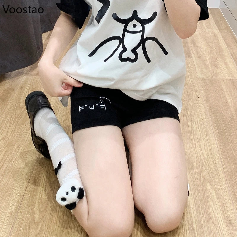 Japanese Harajuku Cotton Shorts Women Black Casual Short Pants Cute Print Korean Style Kawaii Fashion Y2K Summer