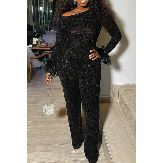 Plus Size Party Jumpsuit Black Glitter Long Sleeves Feathers Sequin Jumpsuit