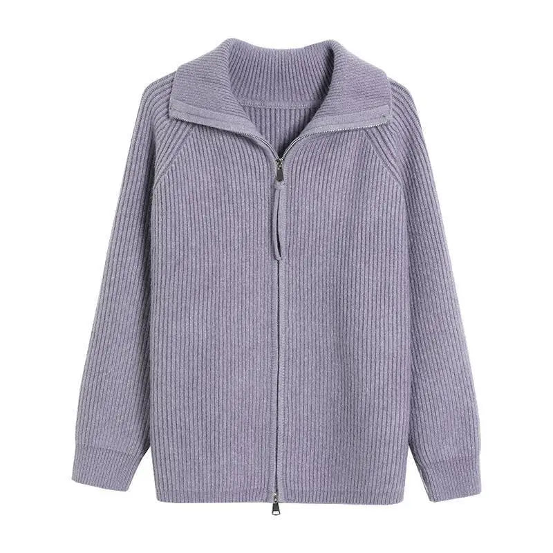 Autumn Winter New Solid Color Turn-down Collar Long Sleeve Sweater Women High Street Zipper Patchwork Cardigan Elegant Tops