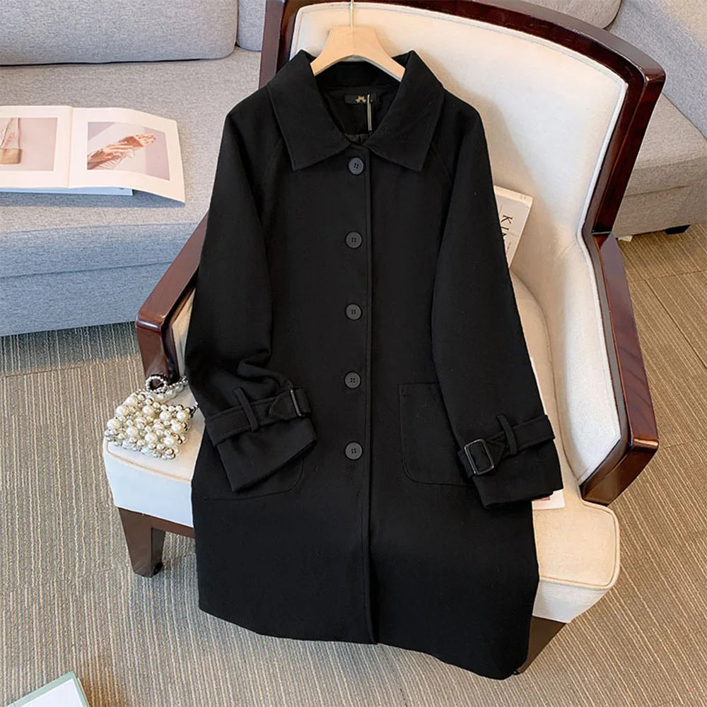 150Kg Plus Size Women's Bust 157 Spring Autumn Loose Woolen Trench Coat Black 5XL 6XL 7XL 8XL 9XL