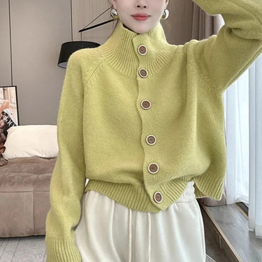 Korean Fashion Autumn Sweaters Coats Women Turtleneck Single Breasted Lazy Wind Casual Loose Long Sleeve Cardigan Knitted Tops